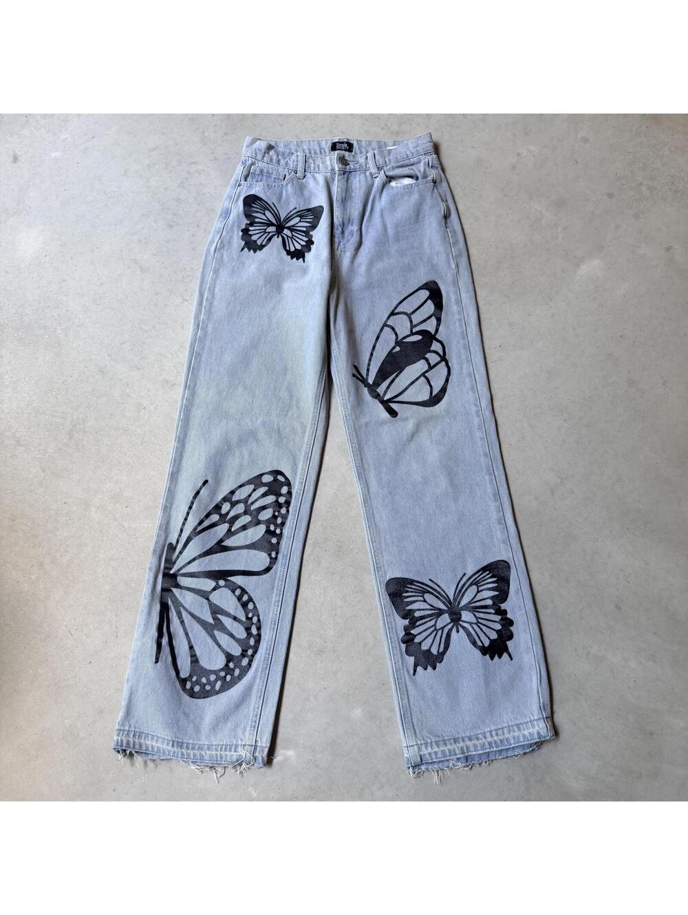 Funky Butterfly Print Jeans Simple Society Straight Leg Unique Pants y2k Street